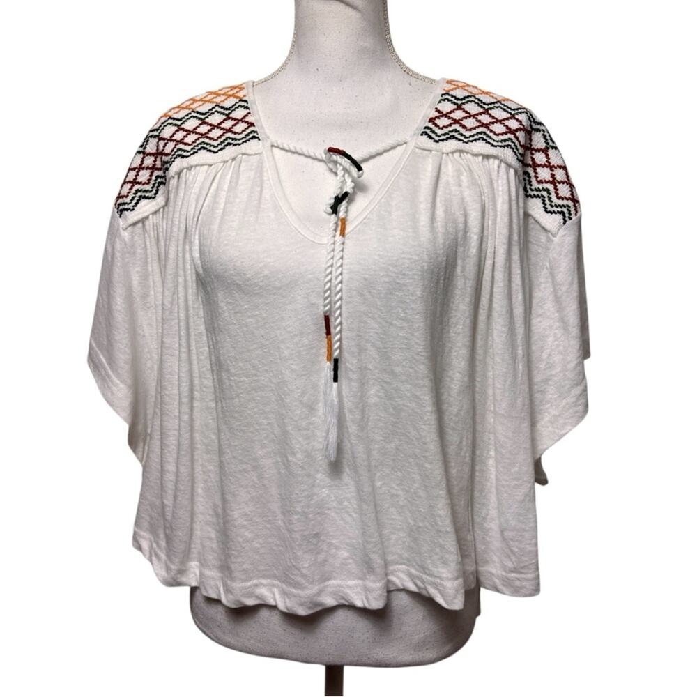 FREE PEOPLE MARKET TEE EMRBOIDERED WHITE YELLOW BLUE BODICE WOMEN'S SIZE MEDIUM